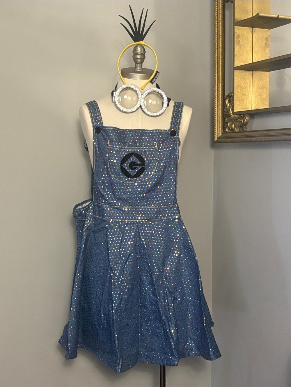 Adult XL Despicable Me Minion Blue Sequin Pinafore Dress With Accessories